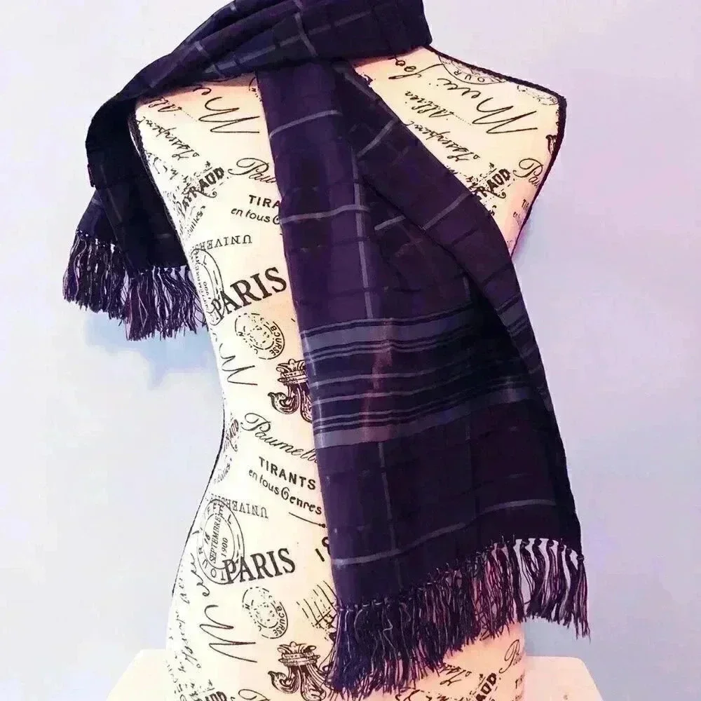Vintage Navy Plaid Silky Tailored Scarf